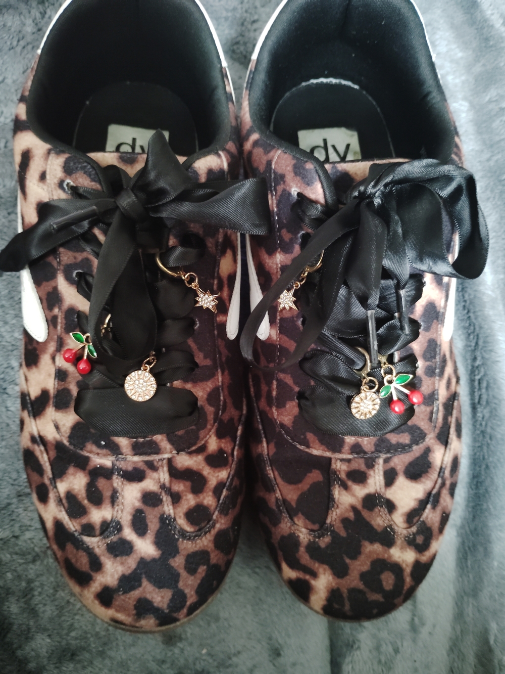 DV by Dolce Vita Leopard Print Satin Ribbon Sneakers with Cherry Charms - Brown